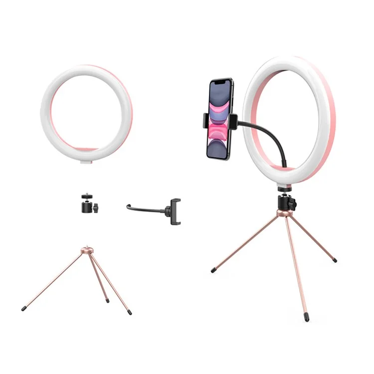 WONEW ZJ02 10” LED Ring Light with Tripod Stand Adjustable Desktop Beauty Ring Light with Tripod for Makeup/Live Stream/Photography - Rose Gold