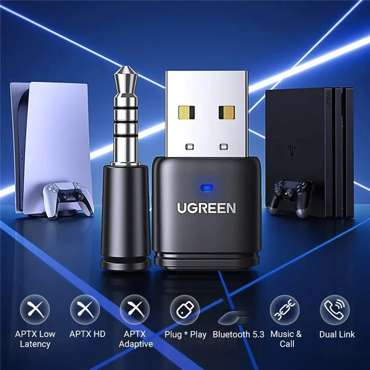 UGREEN 15765 Adaptador USB Bluetooth 5.3 Transmissor de Áudio Aptx HD com Microfone de 3,5 mm