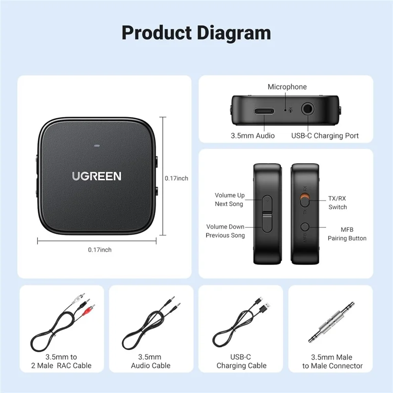 UGREEN 35223 2-in-1 Bluetooth-compatible 5.2 Transmitter Receiver TV Car Headphones 3.5mm Aux Audio Adapter
