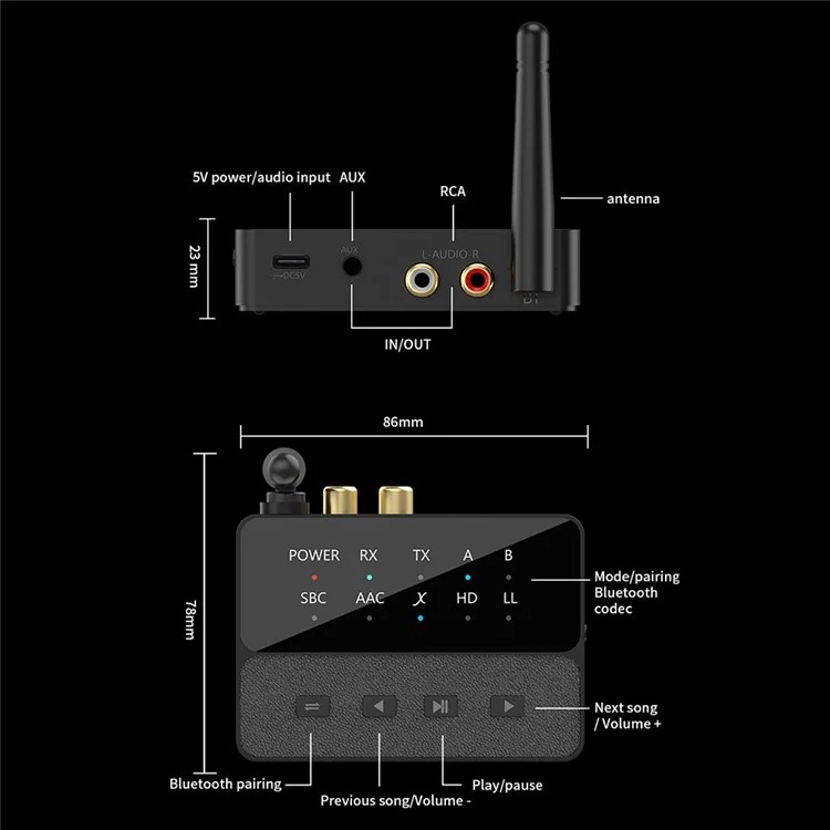 D600 Receptor transmisor Bluetooth 5.3 inalámbrico de 2 en 1 Adaptador de audio AUX
