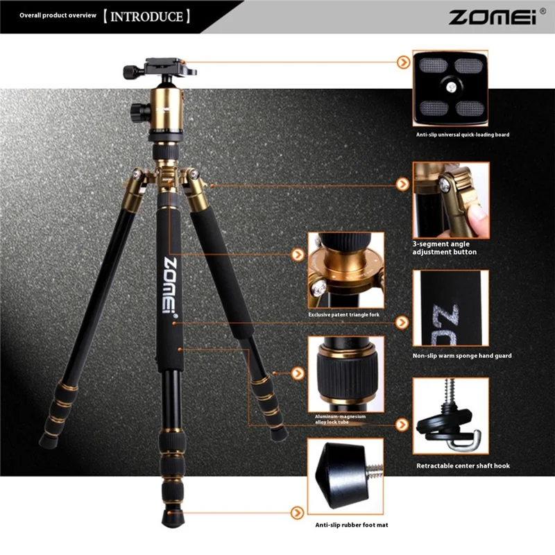 ZOMEI Z818 DSLR Camera Photography Tripod 4-Section Foldable Lightweight Alloy Stand - Black