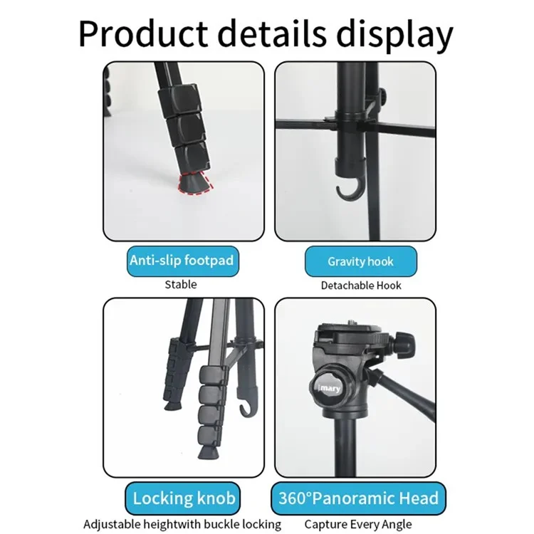 JMARY KP-2201 Smartphone / Camera Live Photography Tripod Portable 1.7m Adjustable Stand with Phone Clip