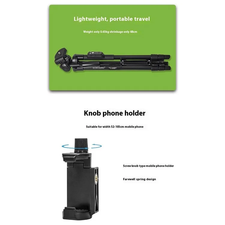 YUNTENG VCT-5208L Portable Tripod Selfie Stand Smartphone Holder with Bluetooth-Compatible Remote Control