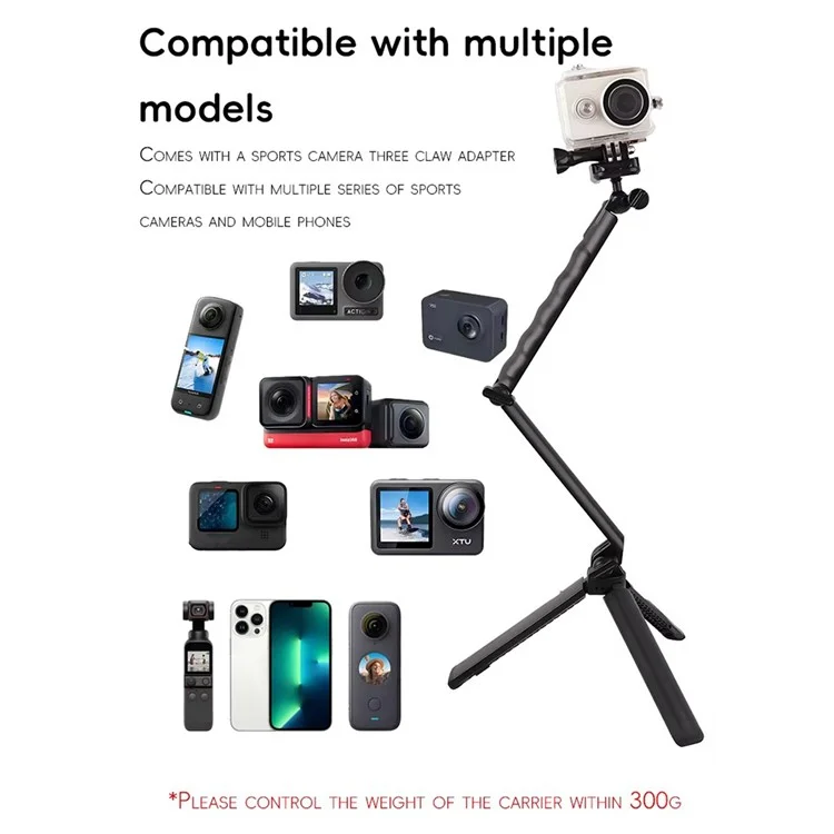 C062 Bastone Selfie Pieghevole Treppiede Fotocamera d'Azione Braccio Regolabile in Tre Direzioni Supporto per Streaming Live di Telefono