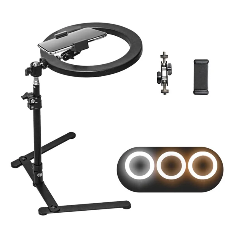 L-610 10 Inch Ring Light with Desktop Overhead Bracket for Cellphone USB Powered 3 Color Temperatures Fill Light
