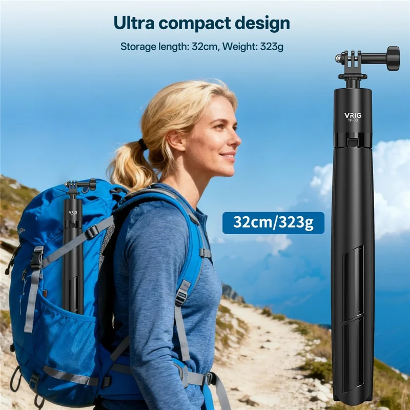 VRIG TP-30 do GoPro / potrójny teleskopowy statyw do telefonu inteligentnego na świeżym powietrzu 180 cm, regulowany wysokośćią drążek do robienia selfie ze statywem z magnetycznym uchwytem