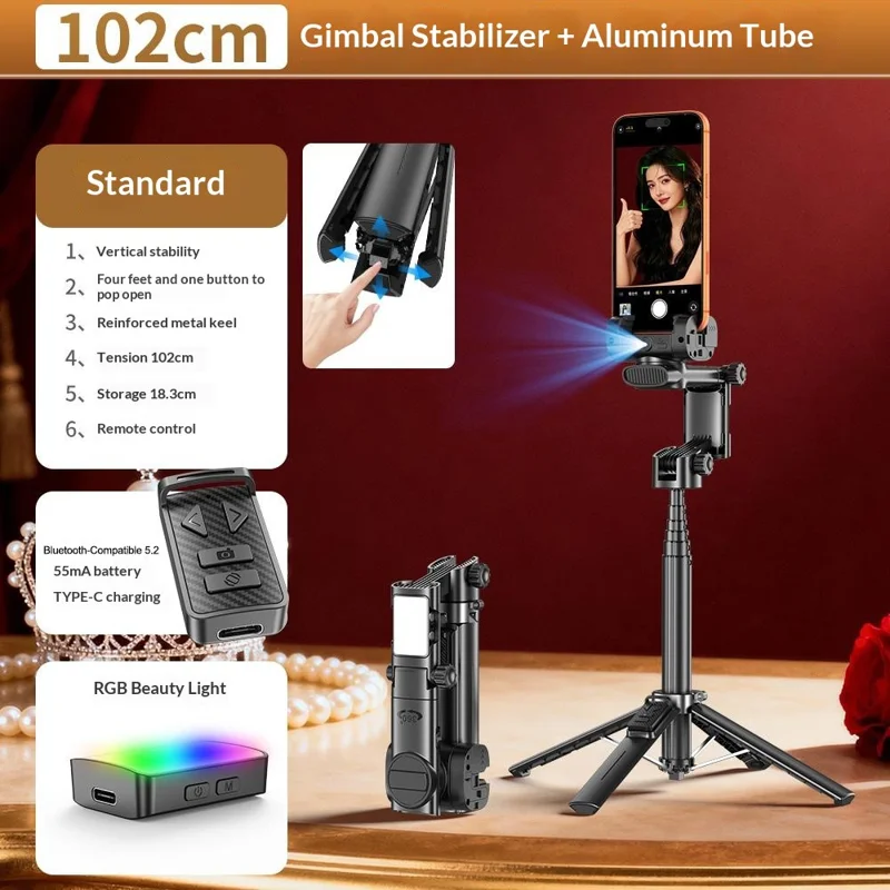 Q37 102cm Extendable AI Gimbal Stabilizer Selfie Stick RGB Beauty Light Tripod for Live Streaming - Black
