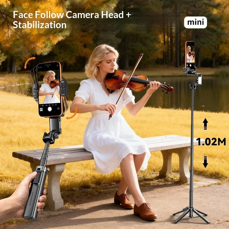 Q37 102cm Extendable AI Gimbal Stabilizer Selfie Stick RGB Beauty Light Tripod for Live Streaming - Black