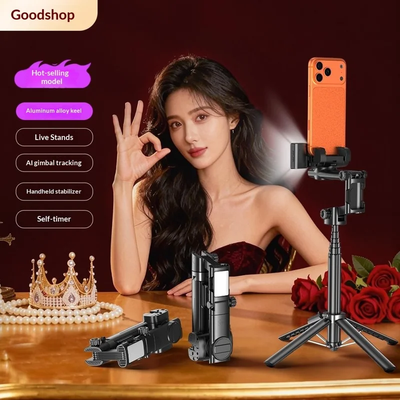 Q37 102cm Extendable AI Gimbal Stabilizer Selfie Stick RGB Beauty Light Tripod for Live Streaming - Black