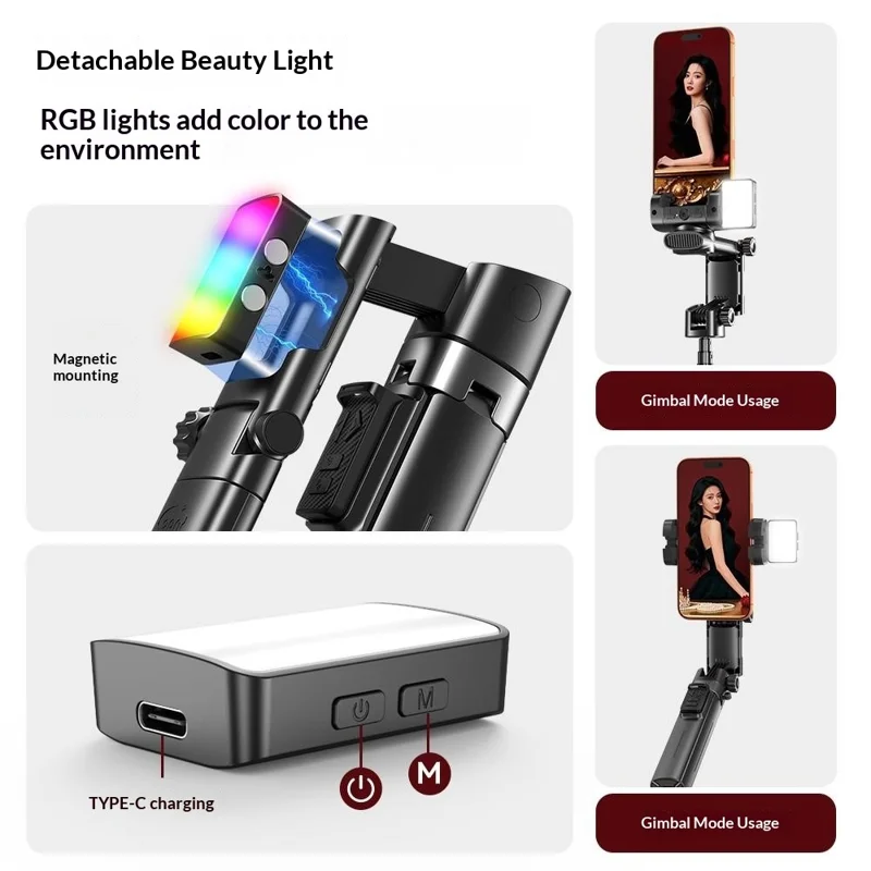 Q37 102cm Extendable AI Gimbal Stabilizer Selfie Stick RGB Beauty Light Tripod for Live Streaming - Black