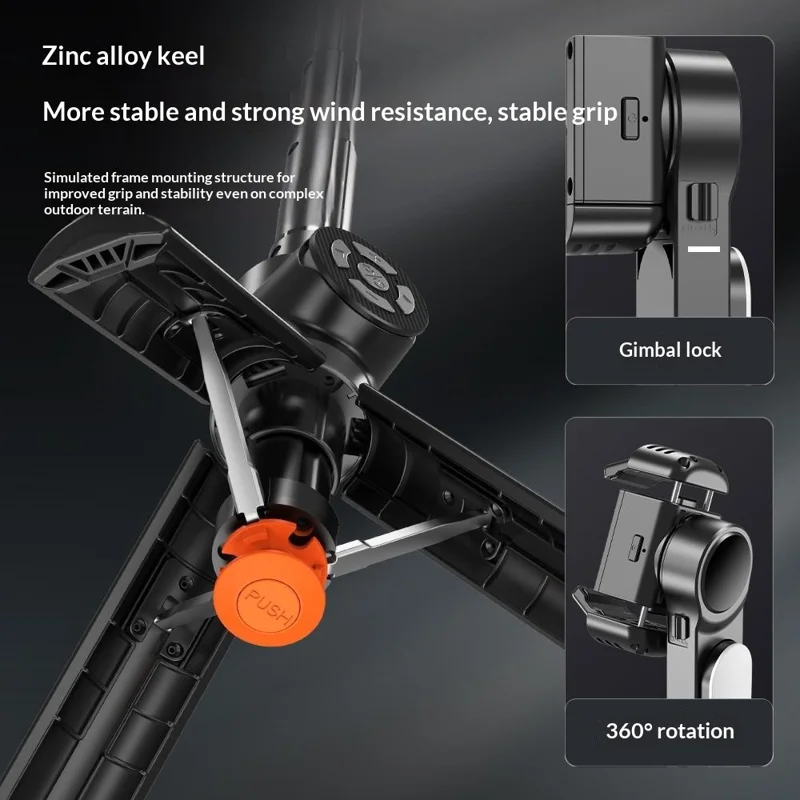 Q34 AI Anti-Shake Selfie Stick Gimbal Stabilizer RGB Beauty Light 71cm Extendable Phone Stand for Live Streaming - Black