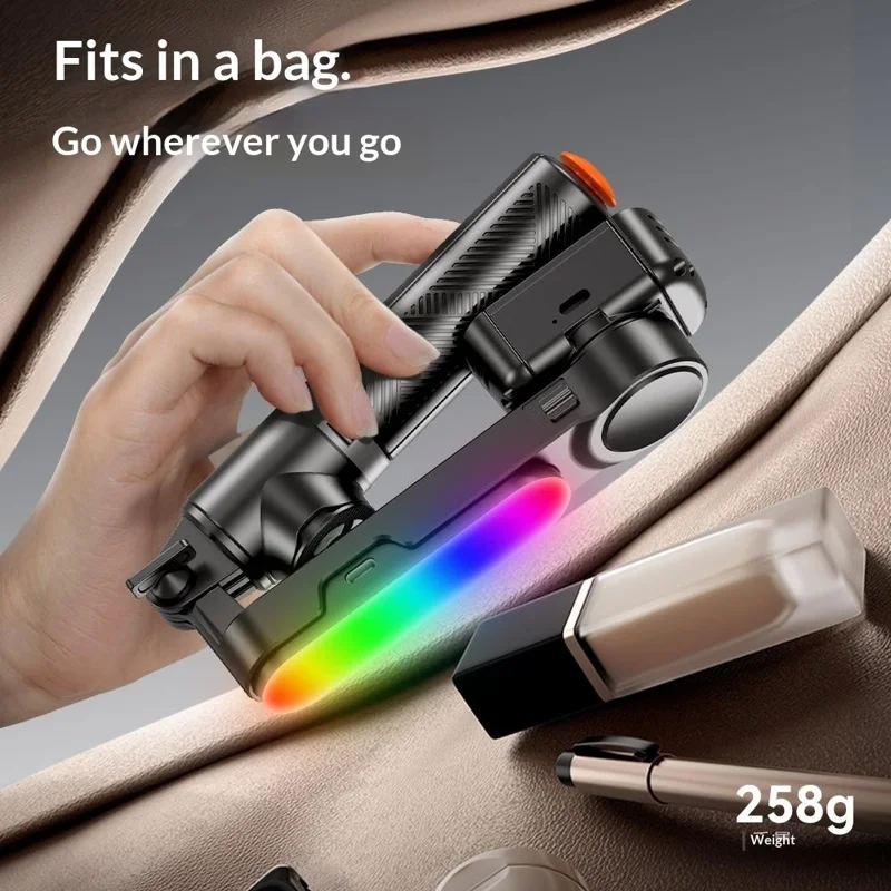 Q34 AI Anti-Shake Selfie Stick Gimbal Stabilizer RGB Beauty Light 71cm Extendable Phone Stand for Live Streaming - Black