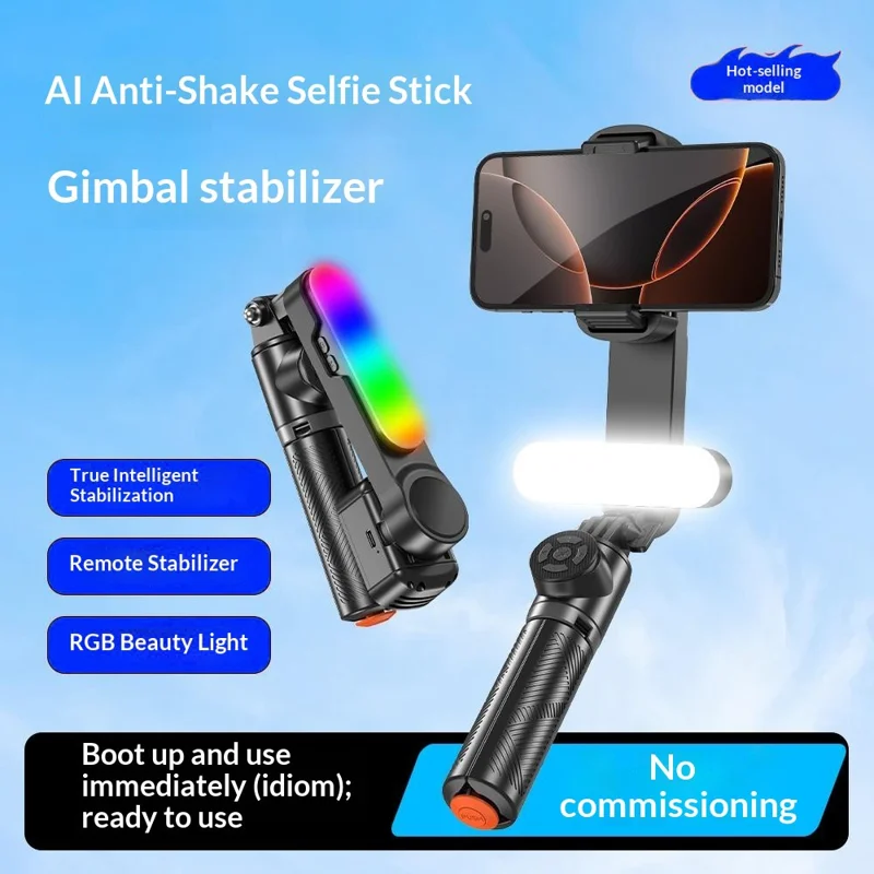 Q34 AI Anti-Shake Selfie Stick Gimbal Stabilizer RGB Beauty Light 71cm Extendable Phone Stand for Live Streaming - Black