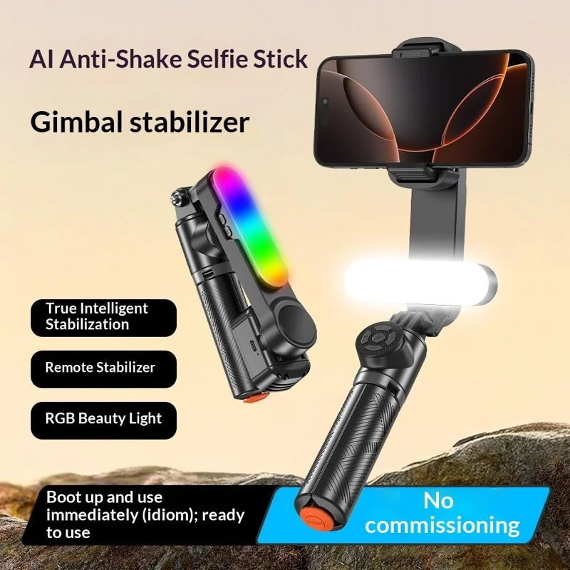 Q34 AI Anti-Shake Selfie Stick Gimbal Stabilizer RGB Beauty Light 71cm Extendable Phone Stand for Live Streaming - Black