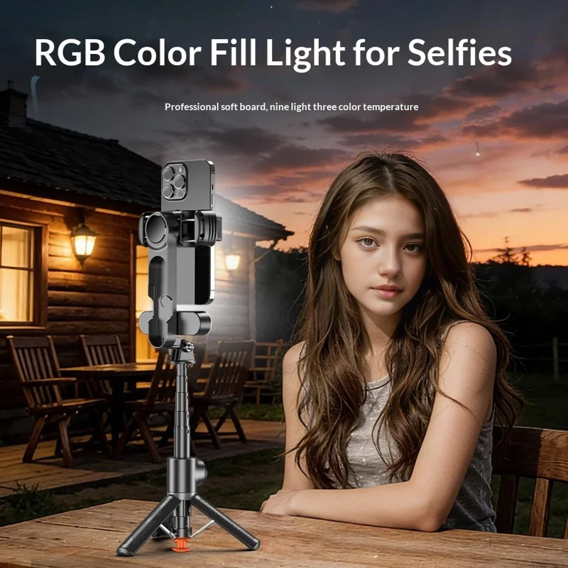 Q34 AI Anti-Shake Selfie Stick Gimbal Stabilizer RGB Beauty Light 71cm Extendable Phone Stand for Live Streaming - Black