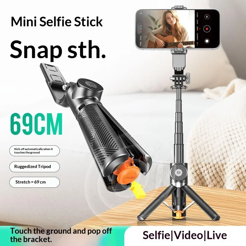 T01 Mini Selfie Stick 69cm Extendable Tripod Bluetooth-compatible Remote Phone Holder Stand for Photography - Black
