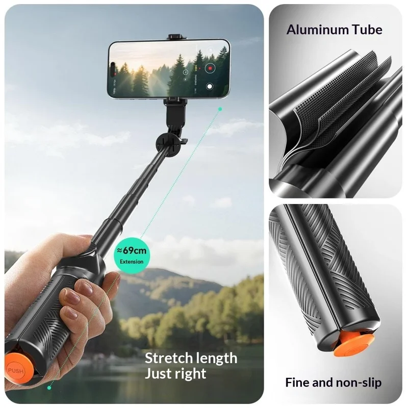 T01 Mini Selfie Stick 69cm Extendable Tripod Bluetooth-compatible Remote Phone Holder Stand for Photography - Black