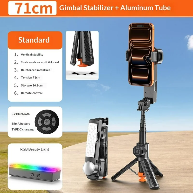 Q39 AI Gimbal Stabilizer Selfie Stick with RGB Fill Light Phone Stabilizer for Video Recording, YouTube - Black