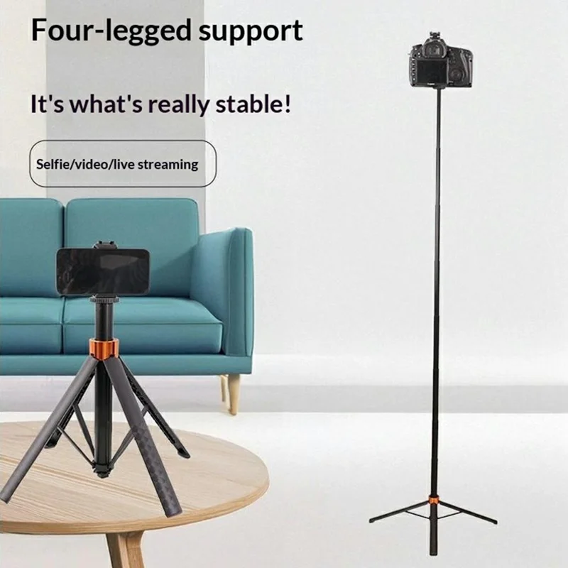7 Sections Telescopic Tripod 1.5m Extendable Camera Stand Desktop Monopod for Live Streaming Photography - Black