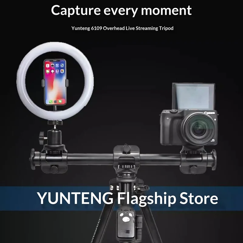 YUNTENG VCT-6109 Stativ Overhead Live-streaming 3-i-1 sæt med vandret arm, Bluetooth-kompatibel fjernbetjening og telefonholder til kamera, DSLR, systemkamera og smartphone