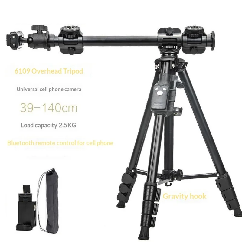 YUNTENG VCT-6109 Stativ Overhead Live-streaming 3-i-1 sæt med vandret arm, Bluetooth-kompatibel fjernbetjening og telefonholder til kamera, DSLR, systemkamera og smartphone