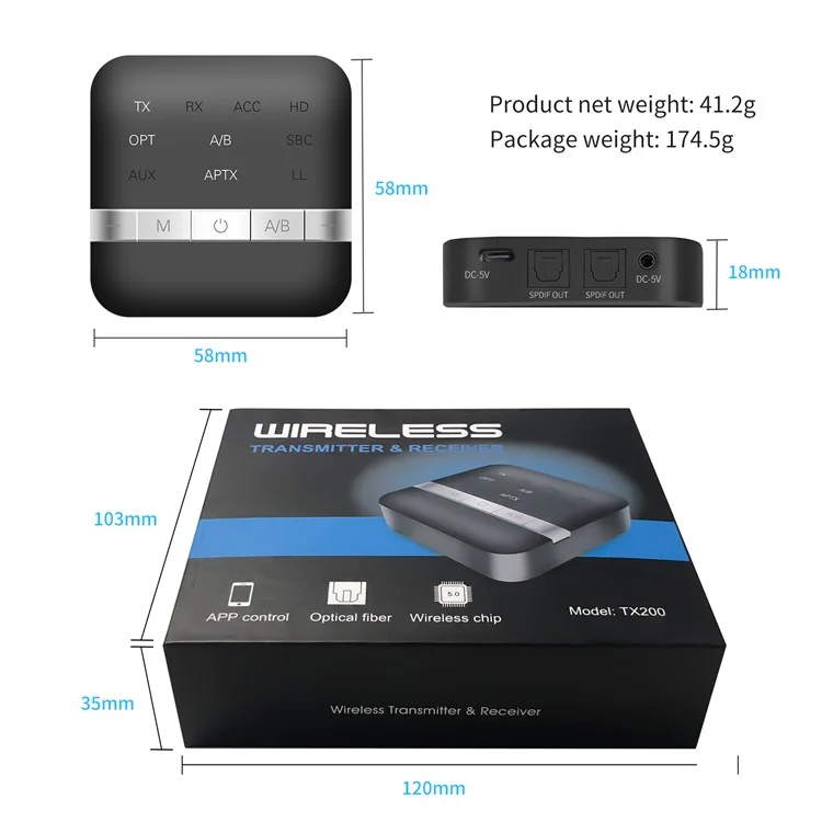 TX200 Transmetteur Récepteur Bluetooth 5.0 APTX 2 en 1 Adaptateur Audio Sans Fil Numérique Optique TOSLINK pour TV PC