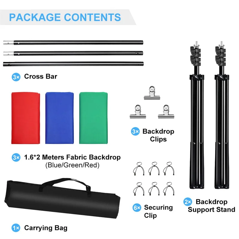 PULUZ PKT5204 2x2m Stojak do tła Studia Fotograficznego, Krzyżak, Zestaw z Tłem w Kolorach Czerwonym/Niebieskim/Zielonym