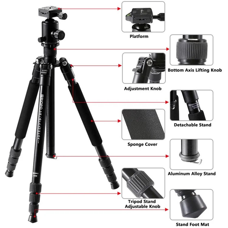TRIOPO M2508+D-2A Portable Travel Adjustable Aluminium Camera Tripod Accessories Stand with Pan Tilt Head