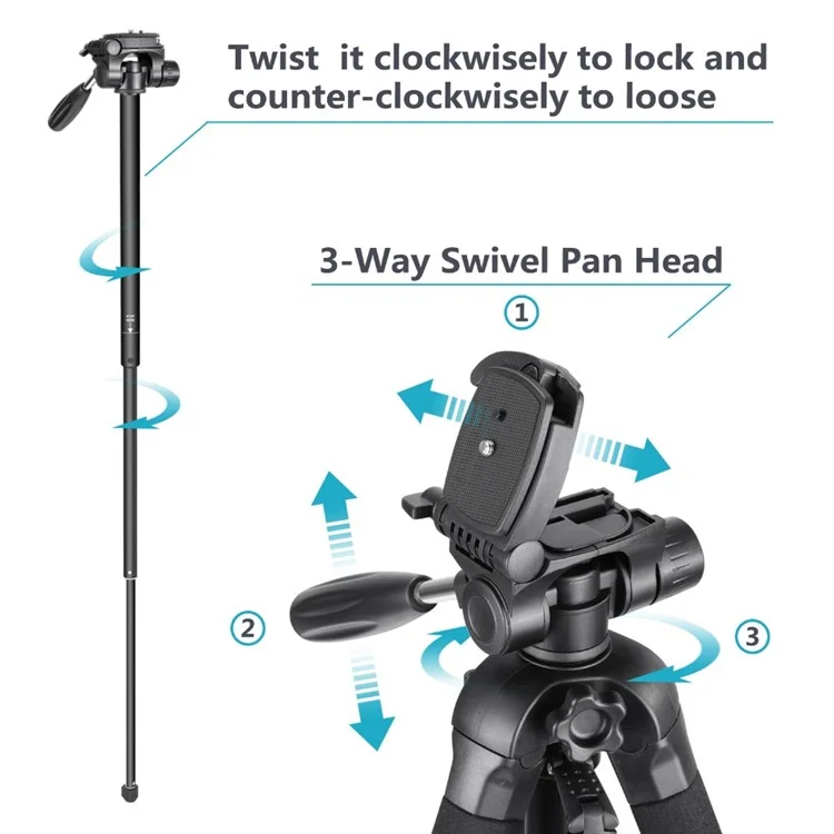 NEEWER SAB264 Camera Tripod Aluminum Alloy Monopod with 3-Way Swivel Head for Sony Canon - Black
