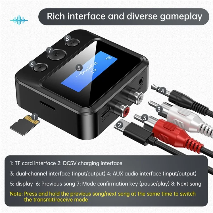 C39S Bluetooth-compatible 5.0 Wireless Audio Receiver Transmitter Adapter with LCD Display Supports TF Card MP3 Player (CE)