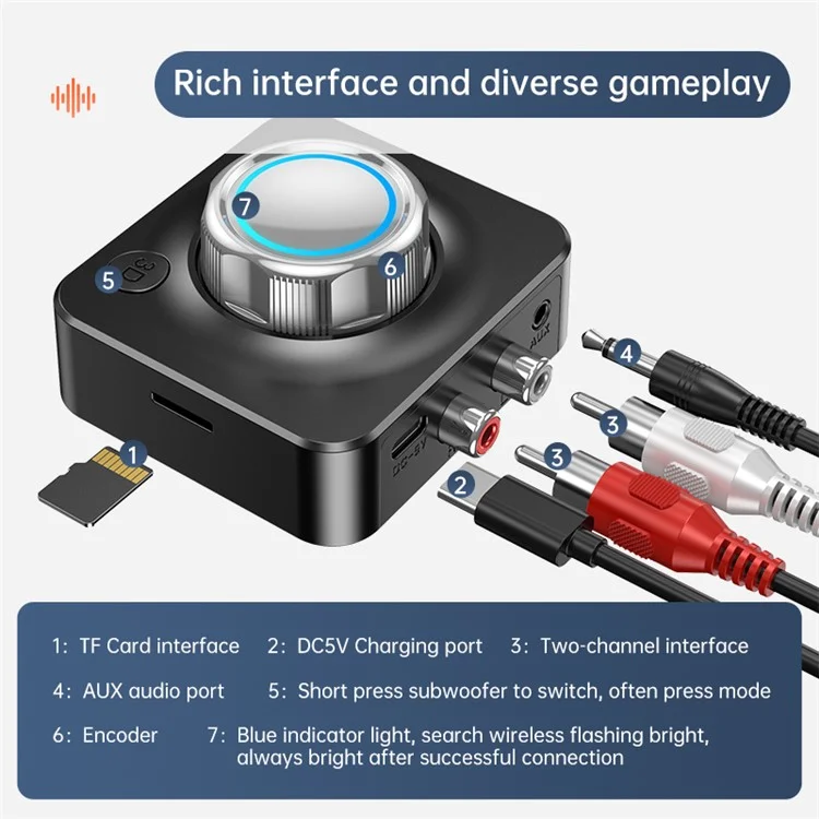 C39 Portable Bluetooth-compatible 5.0 Wireless Audio Receiver Adapter with Bluish Power Indicator Supports TF Card MP3 Player (CE)
