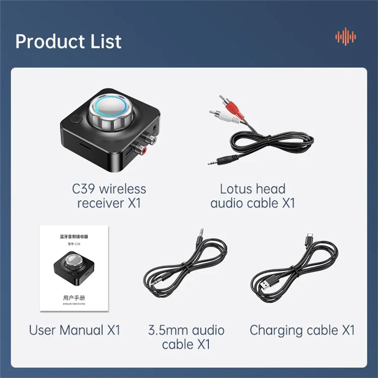C39 Portable Bluetooth-compatible 5.0 Wireless Audio Receiver Adapter with Bluish Power Indicator Supports TF Card MP3 Player (CE)