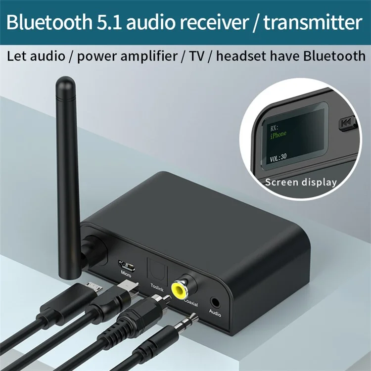 Adaptador Bluetooth 5.1 Inteligente BT07 Receptor Transmissor de Áudio Amplificador com Botão e Tela de Exibição