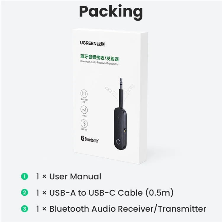 Ugreen 2-in-1 Bluetooth 5.0 Sender Empfänger 3.5mm Stereo Aux Adapter Für Earphones TV-Auto-Audio