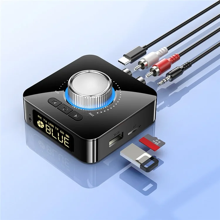 Récepteur audio Bluetooth BT-M5 Émetteur 2 en 1 Lecture de clé USB Adaptateur audio avec écran d'affichage numérique LED V5.0 Convertisseur audio portable mini avec port AUX 3,5 mm