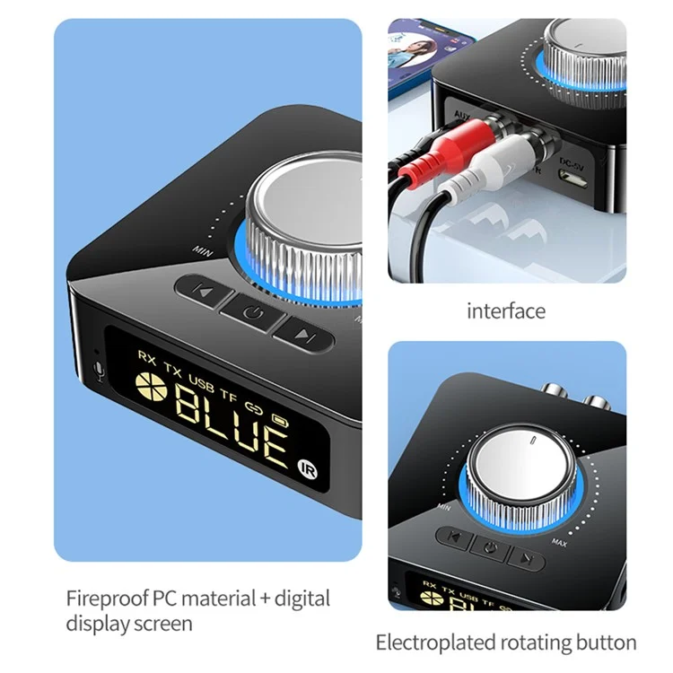 Récepteur audio Bluetooth BT-M5 Émetteur 2 en 1 Lecture de clé USB Adaptateur audio avec écran d'affichage numérique LED V5.0 Convertisseur audio portable mini avec port AUX 3,5 mm