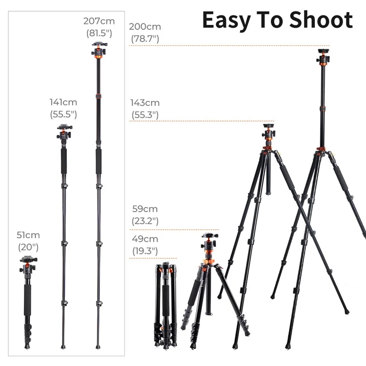 K&F CONCEPT KF09.087V4 Camera Tripod Horizontal Arm Aluminum Alloy Tripod Stand Portable Monopod with 360 Degree Panoramic Ball Head for DSLR Cameras