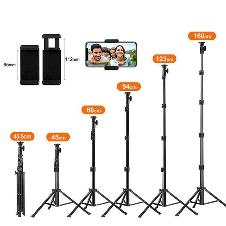 1.6m Portable Aluminum Alloy Tripod Camera Phone Holder Stand Photography Tripod with Phone Clip and Bluetooth-compatible Shutter