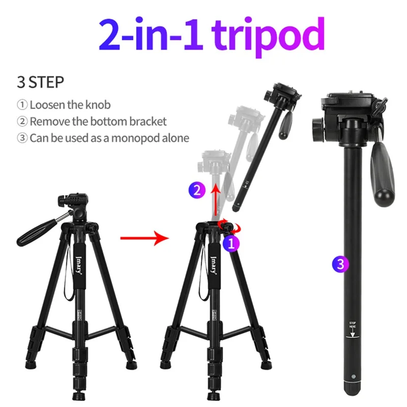 JMARY KP2264 Detachable Tripod Holder Mobile Phone SLR Camera Aluminium Alloy Stand for Outdoor Live Streaming Portable Tripod Stand with Gravity Hook - Black