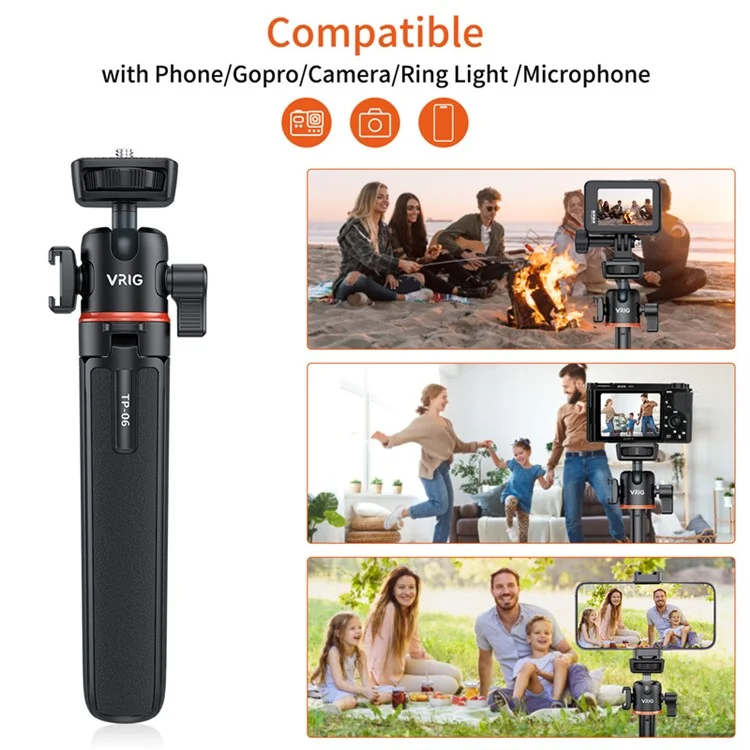 VRIG TP-06 Support de trépied amovible pour téléphone portable Caméra SLR Caméra pour diffusion en direct en extérieur Trépied portable Support 360 degrés Rotation