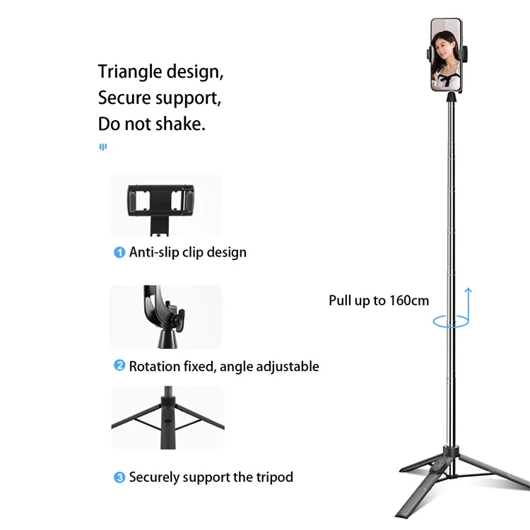 A35 1.6m Cell Phone Selfie Stick Extendable Tripod Stand with Bluetooth-compatible Remote Control