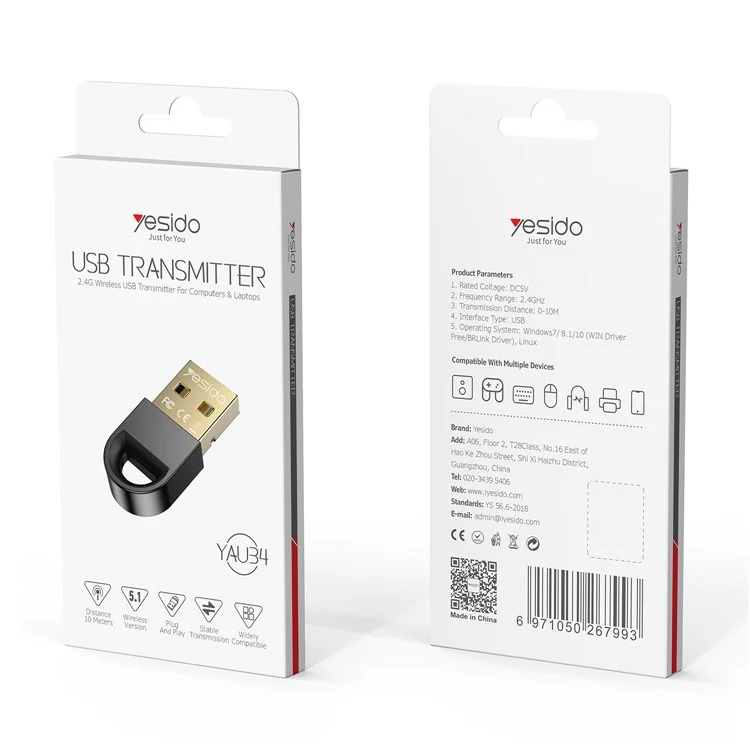 YESIDO YAU34 2.4G Trasmettitore Bluetooth Wireless Adattatore Dongle per Telefono, TV, Computer, Laptop, Auto