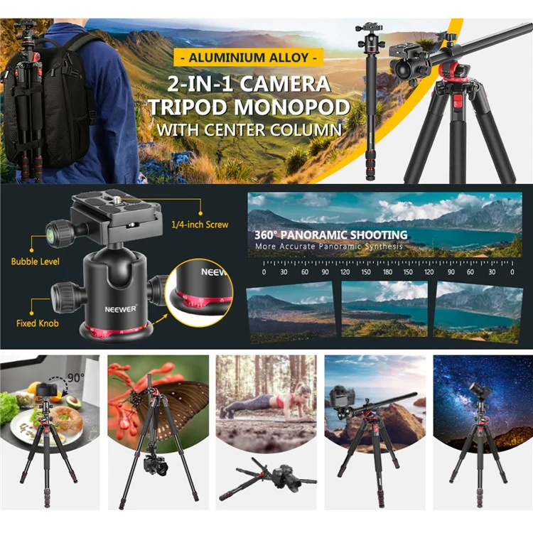 NEEWER N284 Trépied Appareil Photo Monopode 184cm avec Colonne Centrale et Tête Sphérique, Charge Maximale: 15kg