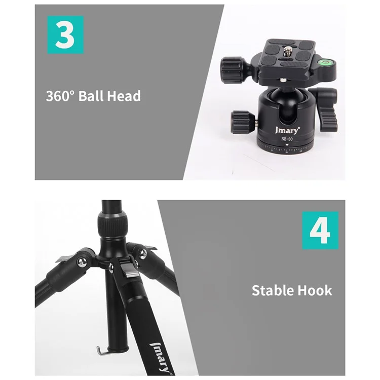 JMARY KT325-NB30 1.6m Aluminum Alloy Cell Phone Tripod Stand for SLR, Action Camera Rotating Portable Tripod Holder
