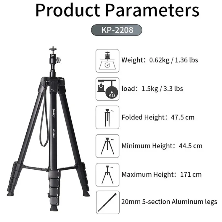 JMARY KP2208 1,7m Suporte de Tripé para Luz de Preenchimento de Câmera para Transmissão ao Vivo, Fotografia Suporte de Chão de Metal para Celular