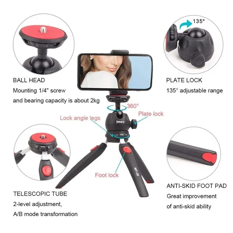 JMARY MT-35 Photography 2 Sections 360 Degree Rotatable Tripod with Phone Holder
