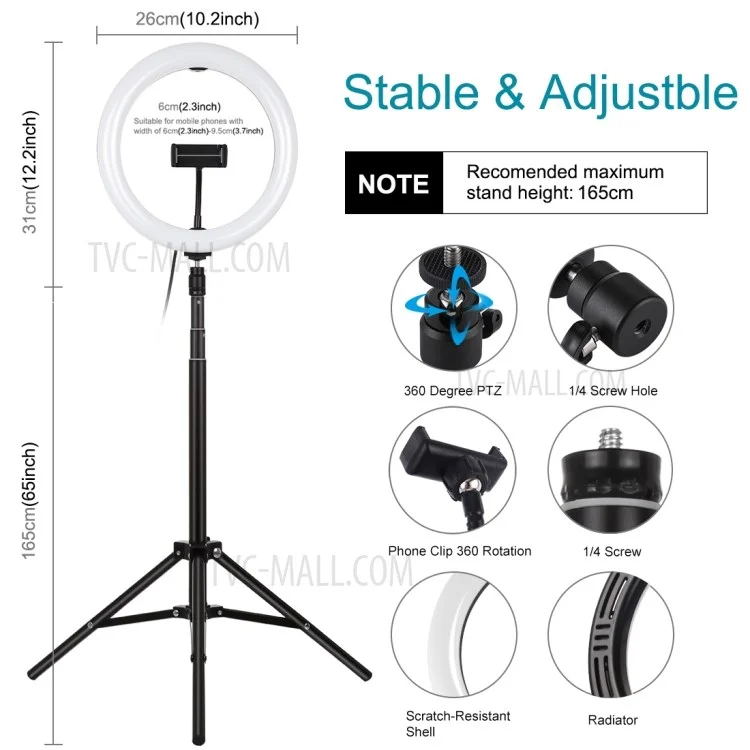 PULUZ 1,65 m Monte Treppiede + 10,2 Pollici 26 cm Superficie Curva USB 3 Modalità Dimmettibile a Temperatura a Doppio Colore Anello Vlogging Video Kit Light