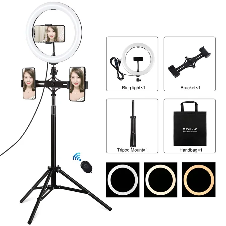 PULUZ PKT3066B 10.2inch LED Selfie Ring Light Cell Phone Clamp Tripod Stand for YouTube Blogger Video Shooting