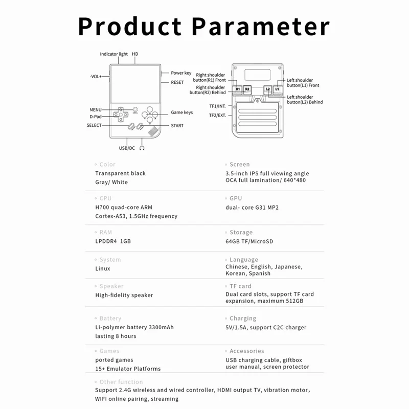 ANBERNIC RG35XX Plus 3.5-inch IPS Screen Wireless Gaming Machine Linux System Game Console (English Version), 64G Memory - White
