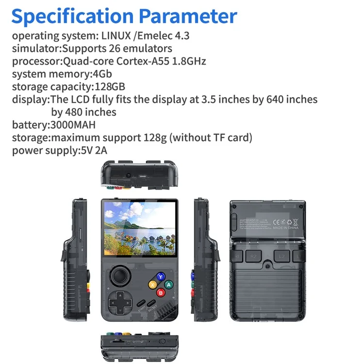 AMPOWN M19 3.5-inch IPS Screen Retro Handheld Game Console 3D Rocker Arcade Gamepad (English Version), with 128G TF Card - Grey